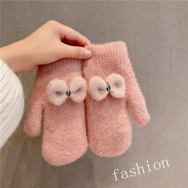 Cartoon Plush Riding Gloves for Women Winter Thickening Warm Mittens