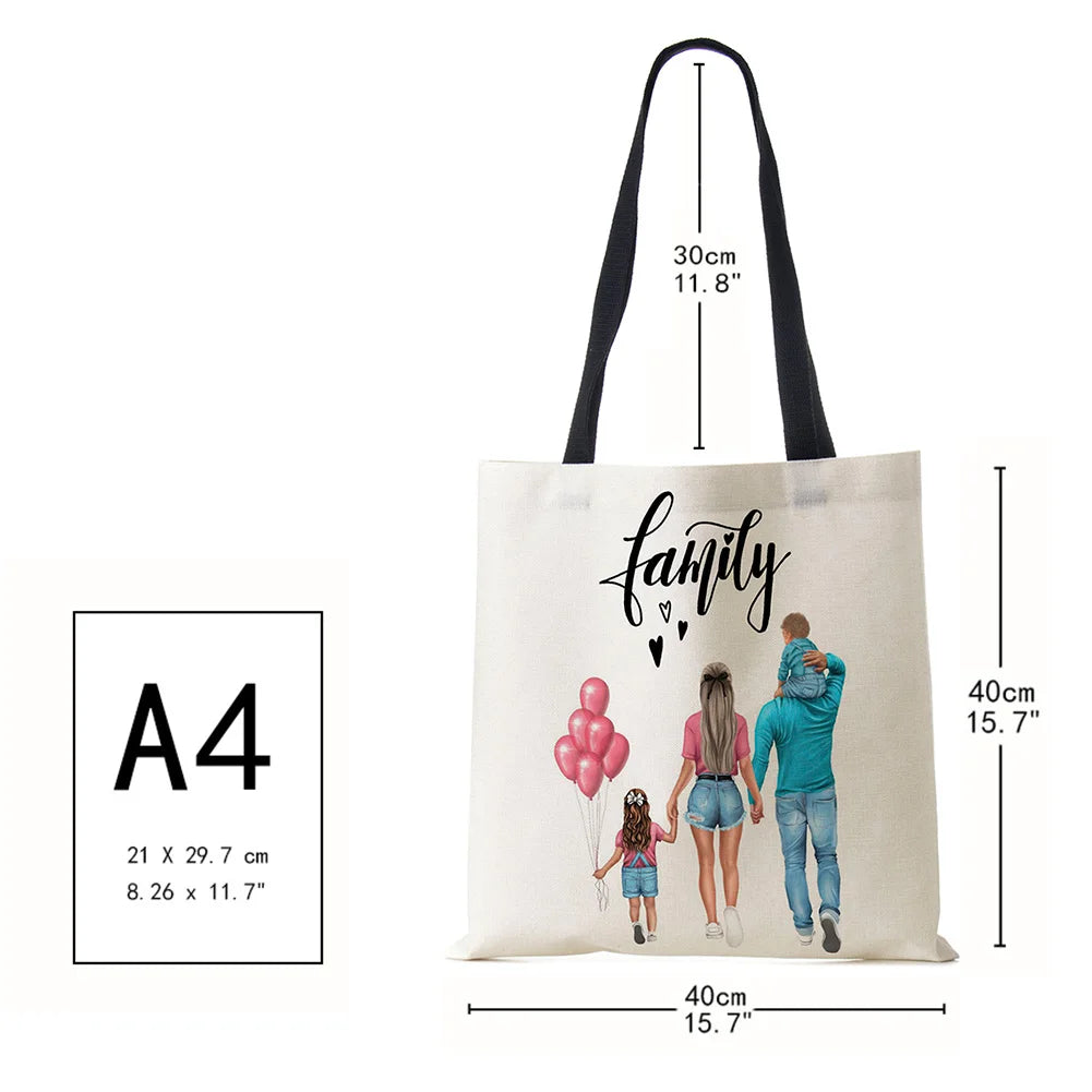 Cute Cartoon Mama Print Linen Tote Bag Reusable Shoulder Bags