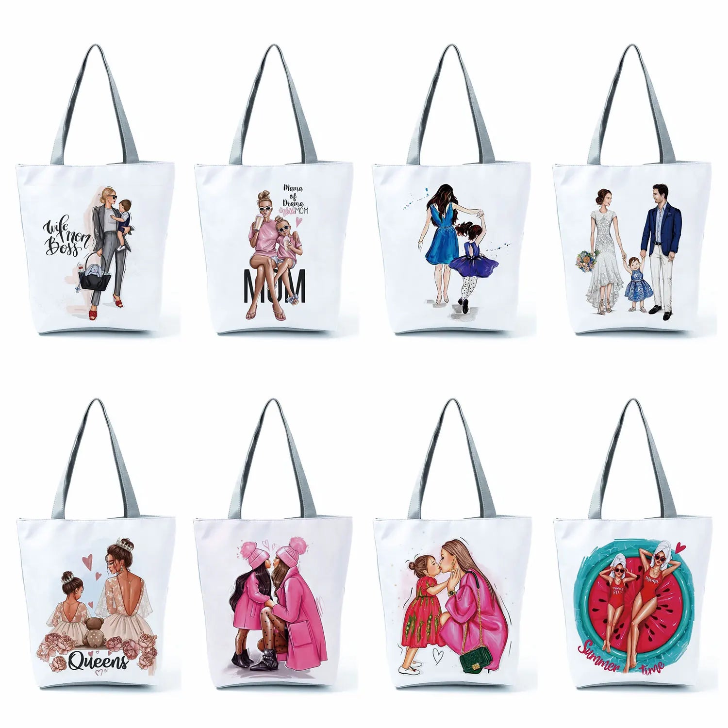 Cartoon Mama Linen Tote Bag Reusable Mom Baby Women Casual Shoulder Bag