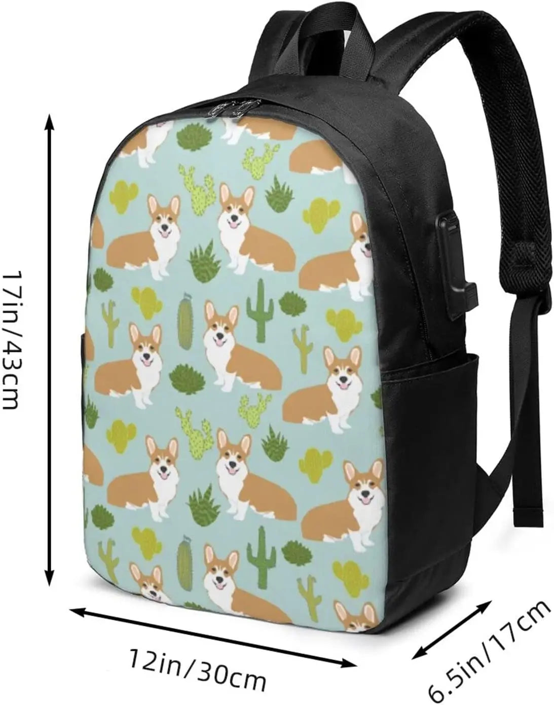 Corgi Cactus Dogs Backpack 17 Inch Laptop with USB Port