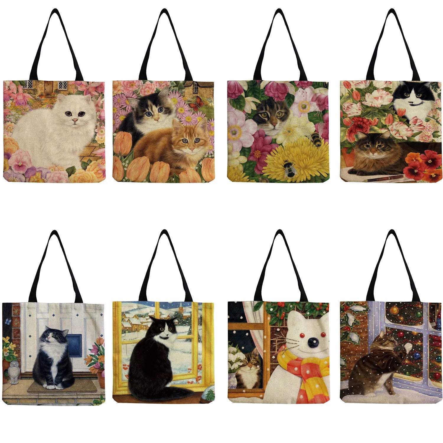 Cat Flower Painting Print Female Tote Bag Women Handbag Large Shopping Bag
