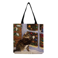 Cat Flower Painting Print Female Tote Bag Women Handbag Large Shopping Bag