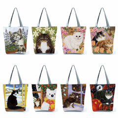 Cat Flower Painting Print Women Tote Bag Floral Handbags Large Shopping Bag