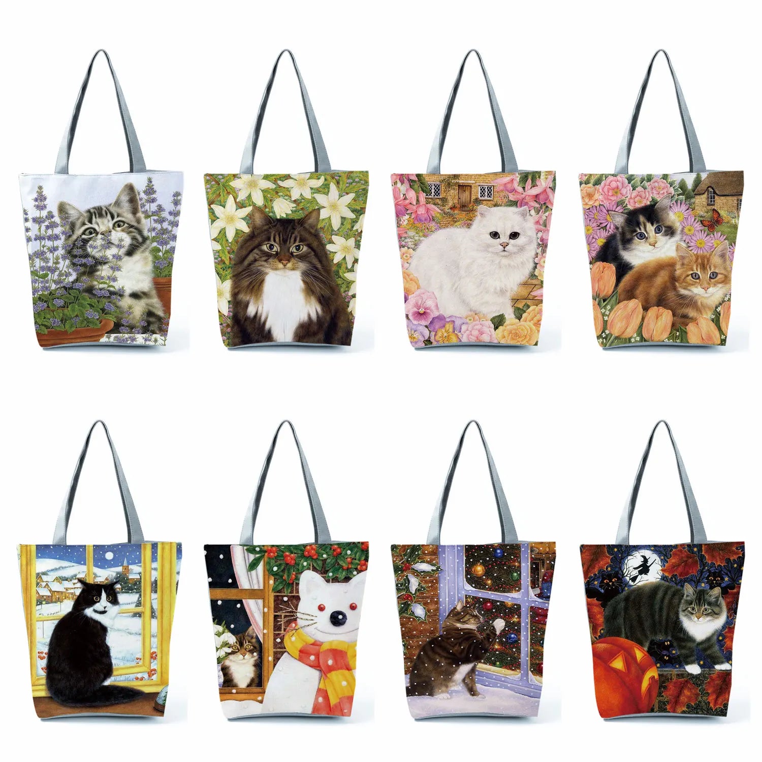 Cat Flower Painting Print Tote Bag For Women - Christmas Handbag