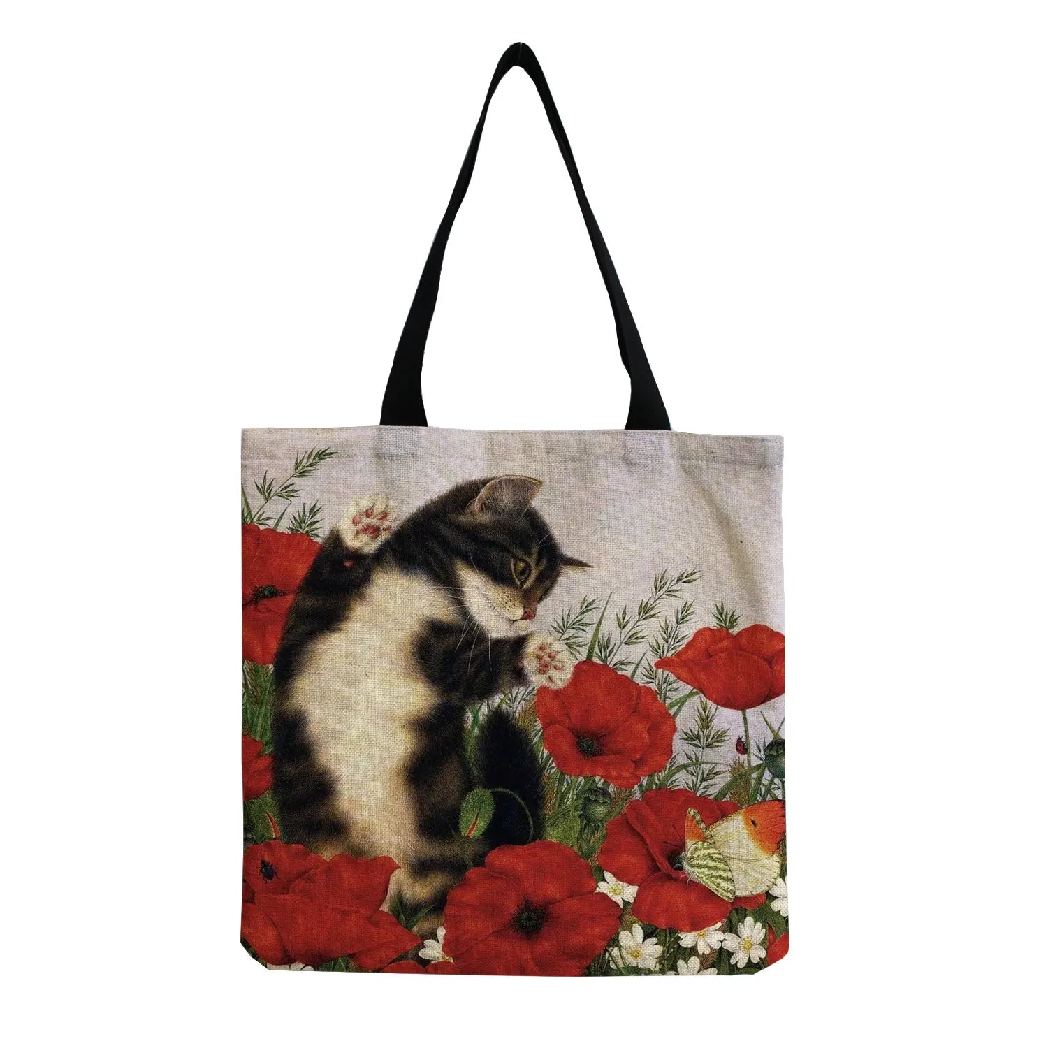Cat Flower Painting Print Tote Bag Women Handbag Large Shoulder Bag