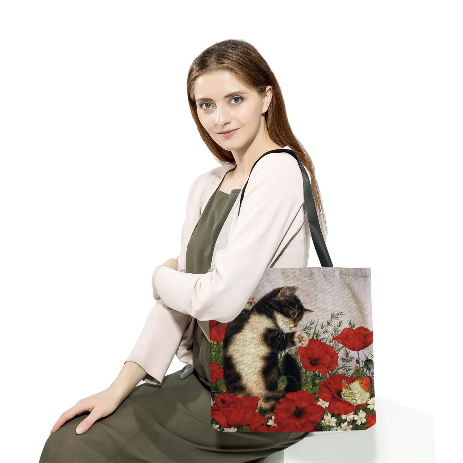 Cat Flower Painting Print Tote Bag Women Handbag Large Shoulder Bag