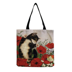 Cat Flower Painting Print Tote Bag Women Handbag Large Shoulder Bag