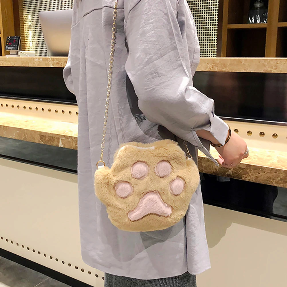 Plush Cat Paw Shoulder Bag for Women Sweet Casual Crossbody Handbag