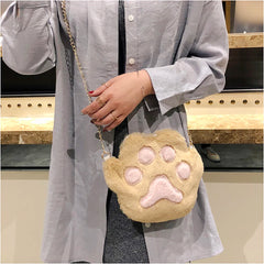 Plush Cat Paw Shoulder Bag for Women Sweet Casual Crossbody Handbag