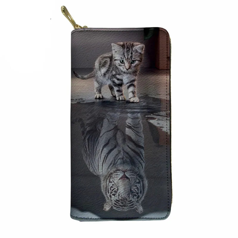 Tiger Reflection 3D Print Leather Clutch Bag Long Wallets for Women