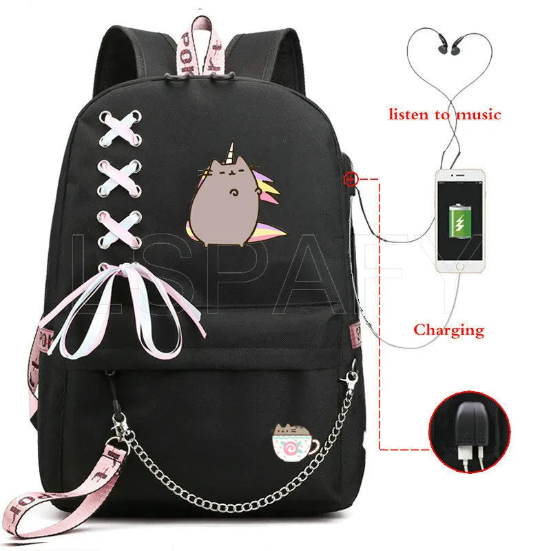 Cat School Bags For Girls Women Backpack School Bags USB Charging