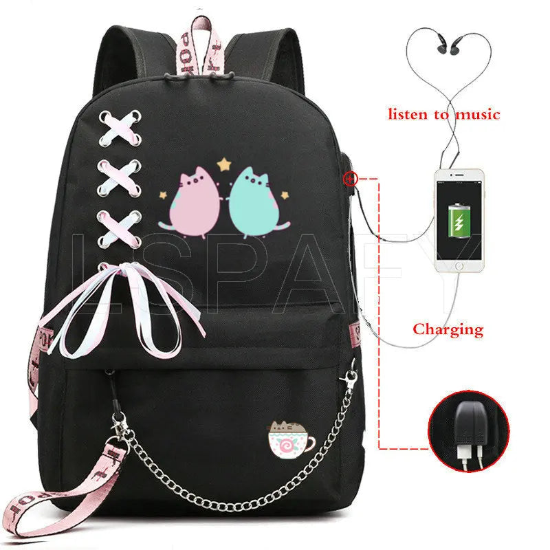 Cat School Bags For Girls Women Backpack School Bags USB Charging