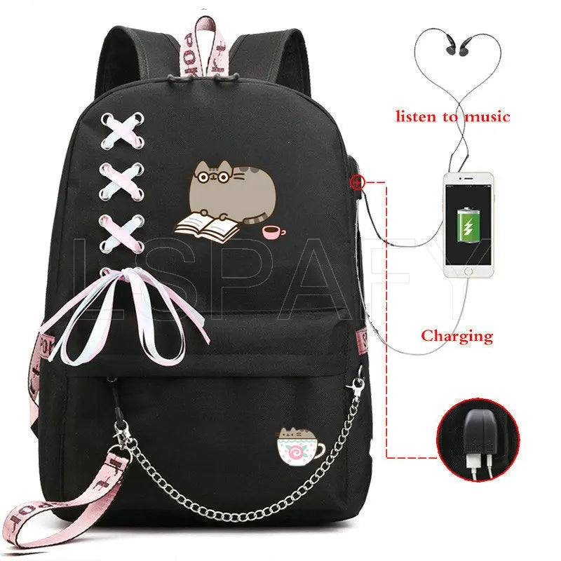 Cat School Bags For Girls Women Backpack School Bags USB Charging