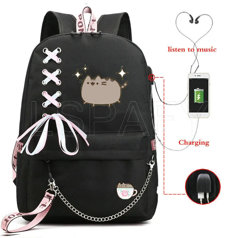 Cat School Bags For Girls Women Backpack School Bags USB Charging