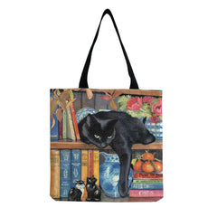 Ladies Cat Tote Bags Large Capacity Floral Animal Printed Handbag