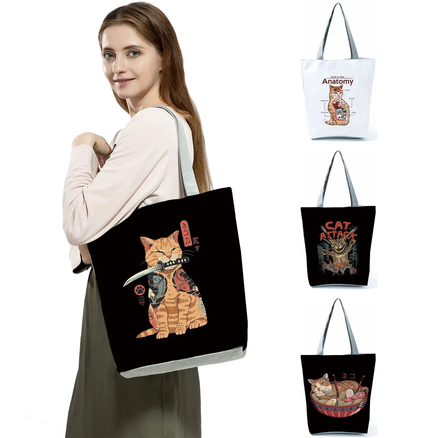 Cat Tote Bag Japanese Style Foldable High Capacity Reusable Shoulder Bag