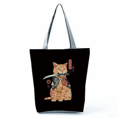 Cat Tote Bag Japanese Style Foldable High Capacity Reusable Shoulder Bag