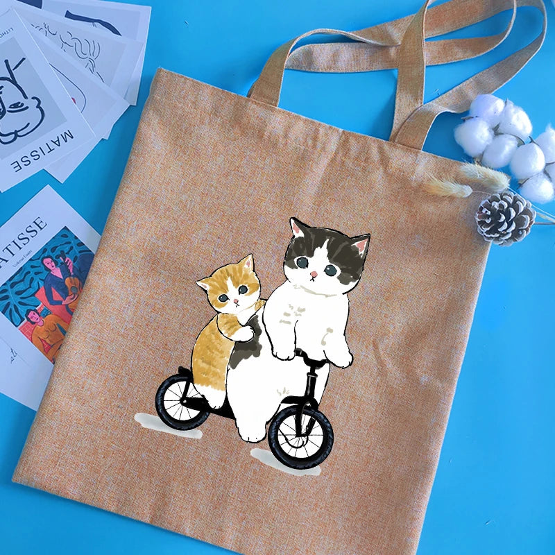 Cat Series Print Canvas Shopper Handbag Reusable Tote Bag