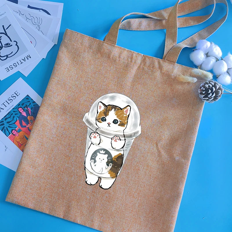 Cat Series Print Canvas Shopper Handbag Reusable Tote Bag