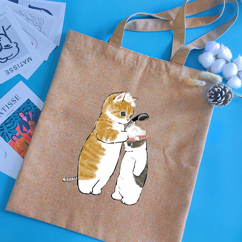 Cat Series Print Canvas Shopper Handbag Reusable Tote Bag