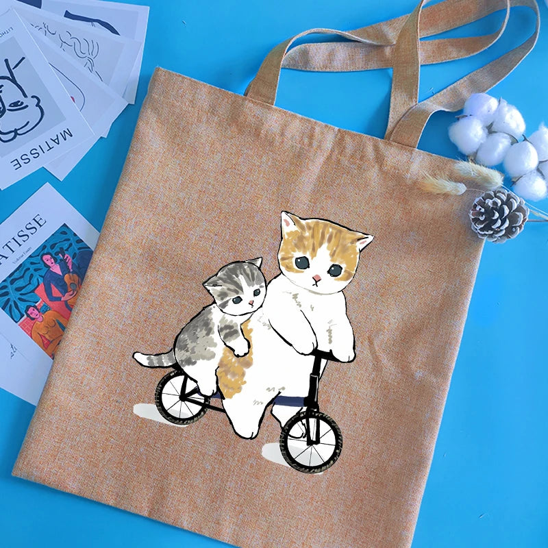 Cat Series Print Canvas Shopper Handbag Reusable Tote Bag