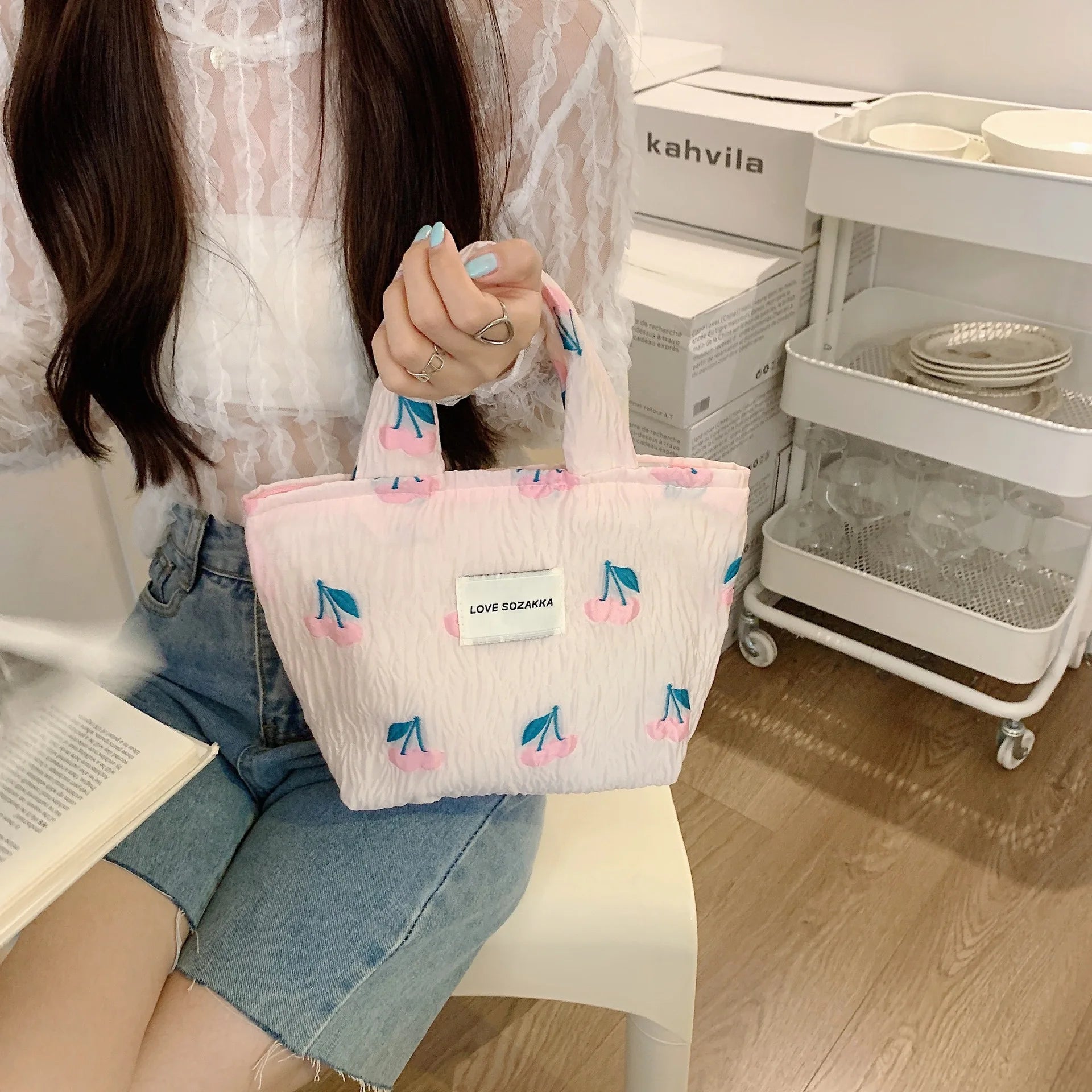Cherry Small Tote Shopping Bag Retro Shoulder Messenger Bags Pink Girl Clutch