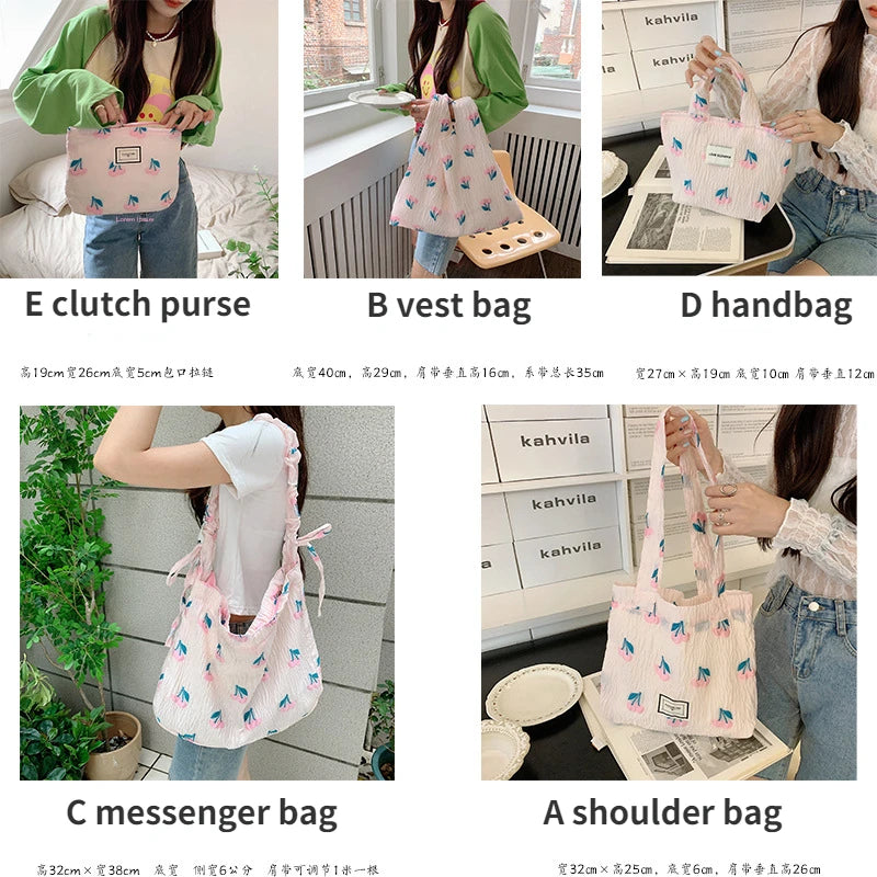 Cherry Small Tote Shopping Bag Retro Shoulder Messenger Bags Pink Girl Clutch