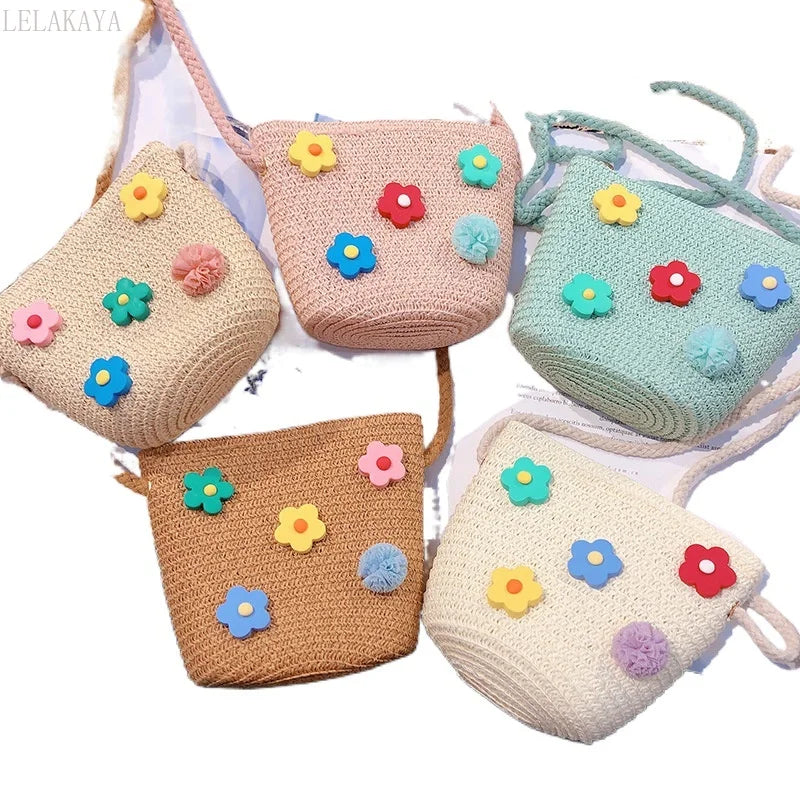 Flower Straw Bucket Bag Women Shoulder Messenger Woven Beach Travel Mini Purse
