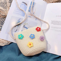 Flower Straw Bucket Bag Women Shoulder Messenger Woven Beach Travel Mini Purse