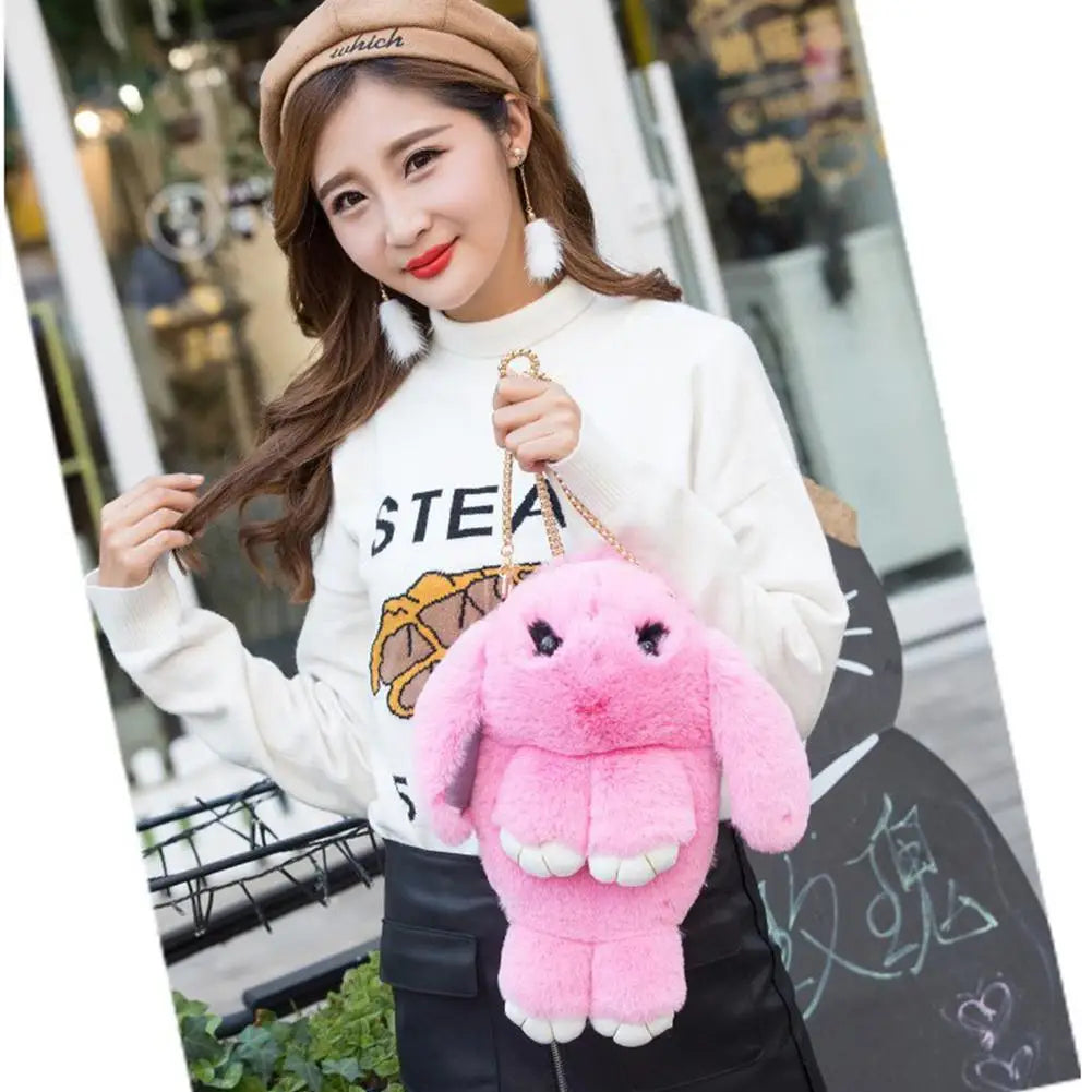 Fluffy Rabbit Fur Pompoms Chain Bag Women Cartoon Rabbit Sling Bag