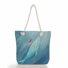 Girl Whale Sea Series Printed Handbags Linen Totes Shoulder Bag