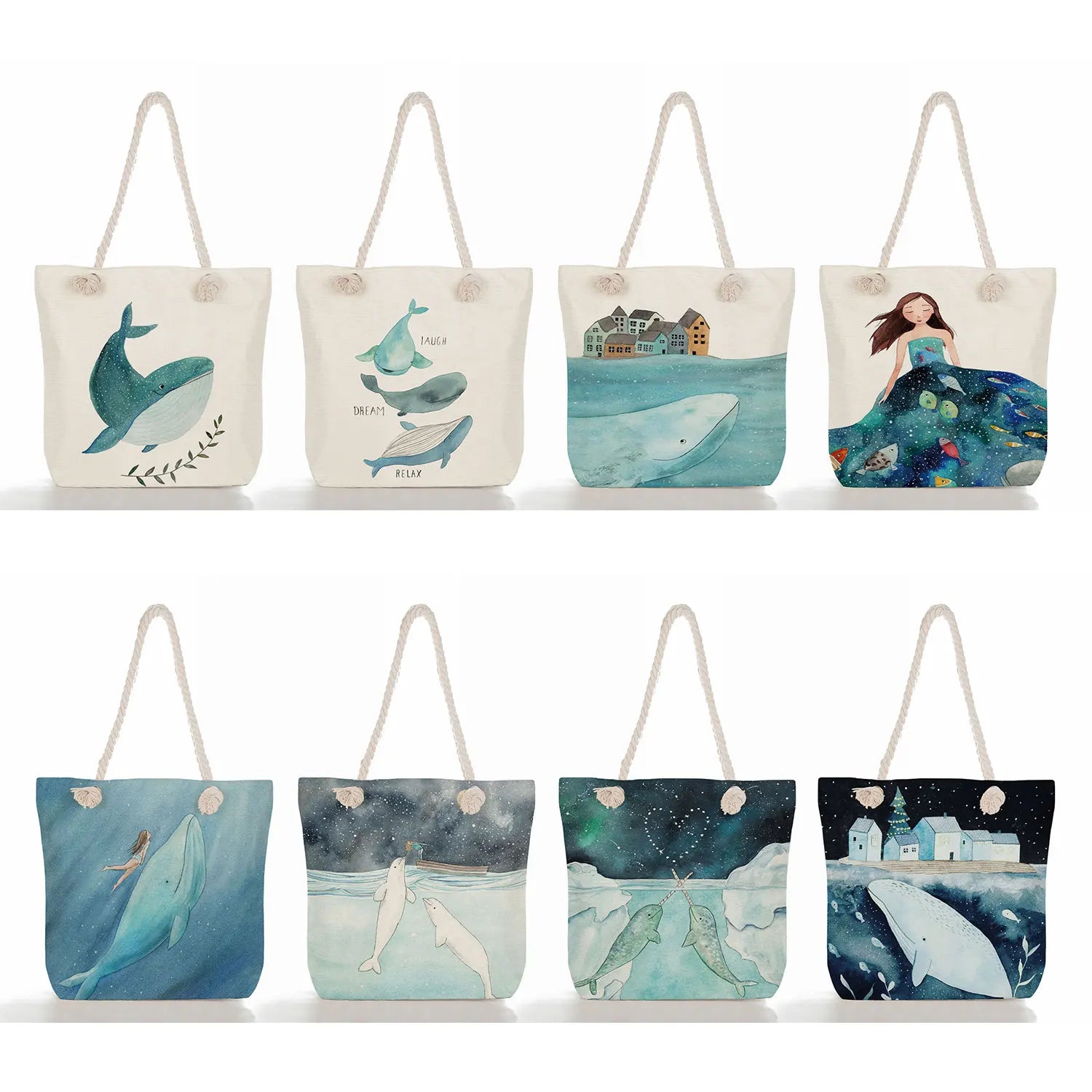 Girl Whale Sea Series Printed Handbags Linen Women Totes Shoulder Bag