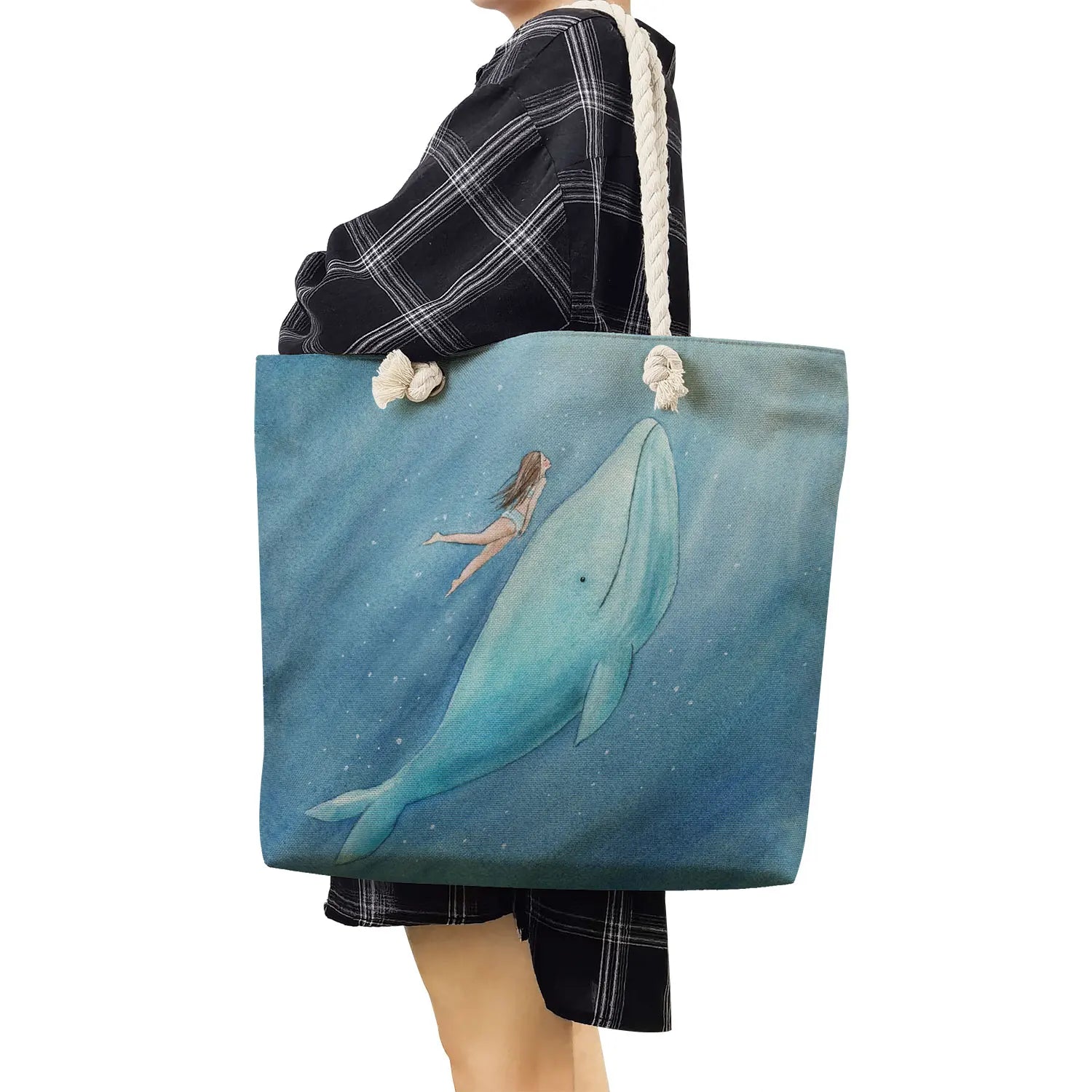 Girl Whale Sea Tote Bag Eco Friendly Rope Women Shoulder Handbag
