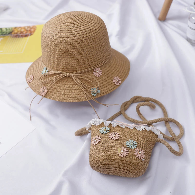 Girls Beach Bucket Breathable Cap Straw Sun Hat+Shoulder Handbag Set