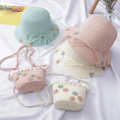 Girls Beach Bucket Breathable Cap Straw Sun Hat+Shoulder Handbag Set