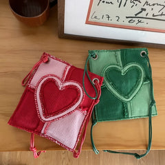Love Heart Canvas Crossbody Bag Corduroy Women's Mini Shoulder Bag