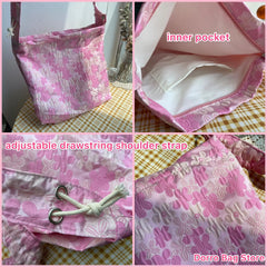 Pink Pleated Shoulder Strap Tote Handbag Floral Summer Crossbody Bag