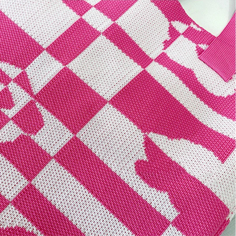 Plaid Flower Knitting Tote Bag for Women Girls