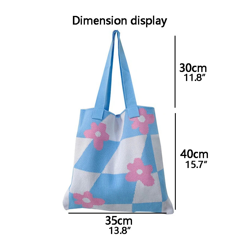 Plaid Flower Knitting Tote Bag for Women Girls