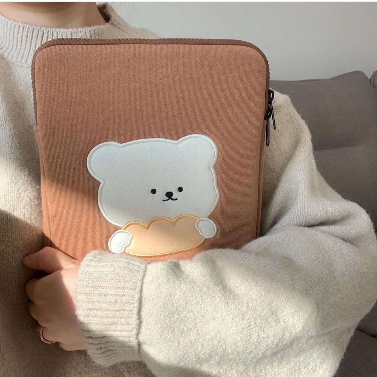 Korea Cotton Soft Sleeve IPad Pouch Cartoon Embroidery Bear Ipad Liner Bag