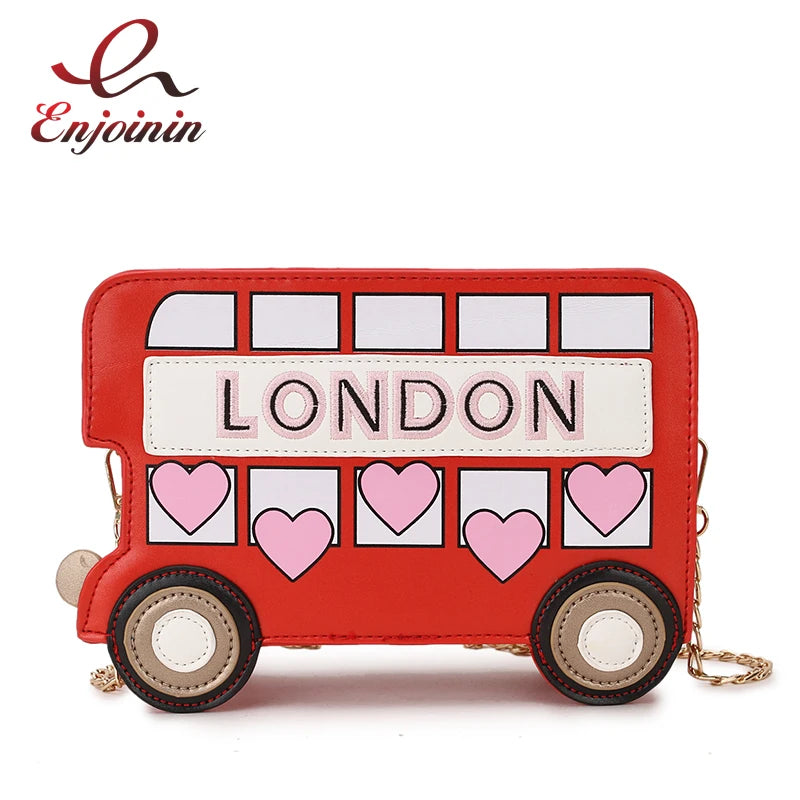 London Bus Girls Shoulder Bag Embroidered Cartoon Women Purses Red