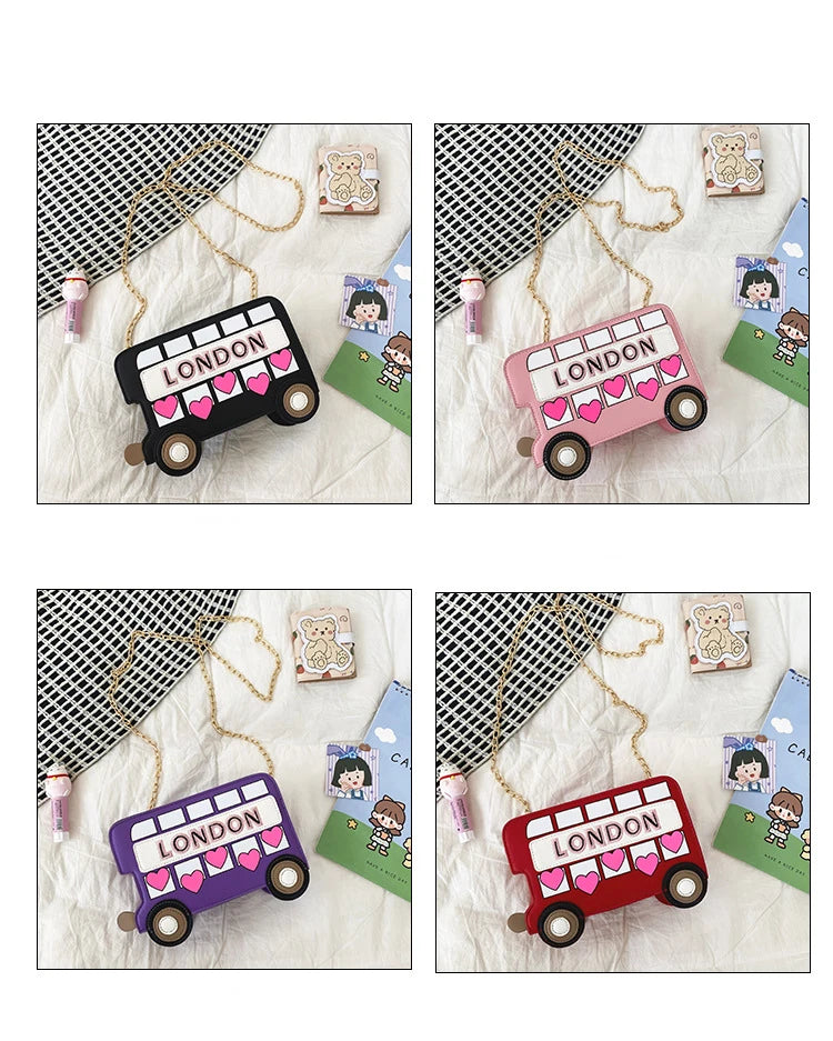 London Bus Girls Shoulder Bag Embroidered Cartoon Women Purses Red