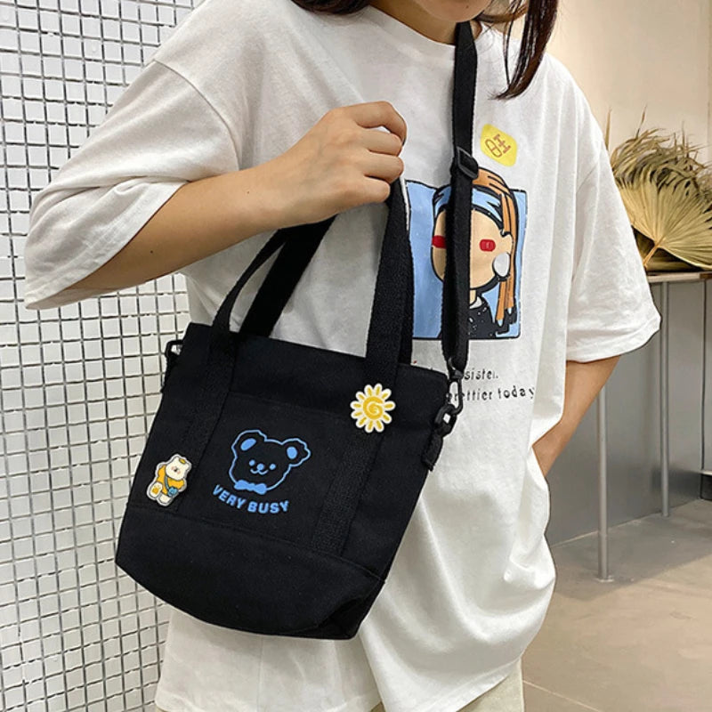 Little Bear Canvas Shoulder Bags Women High-capacity Student Messenger Bag Handb