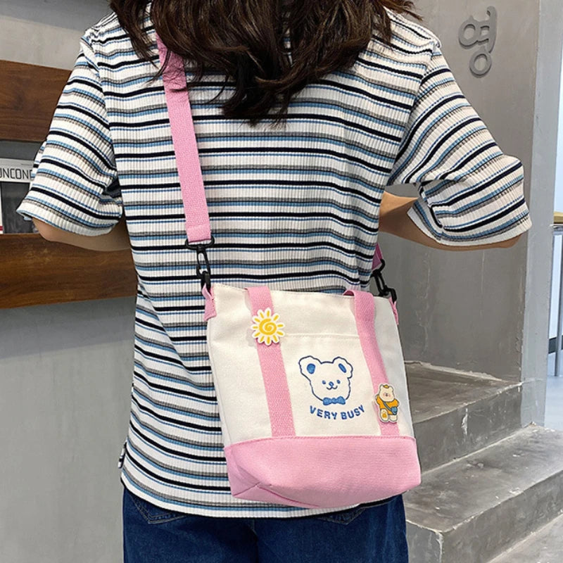 Little Bear Canvas Shoulder Bags Women High-capacity Student Messenger Bag Handb