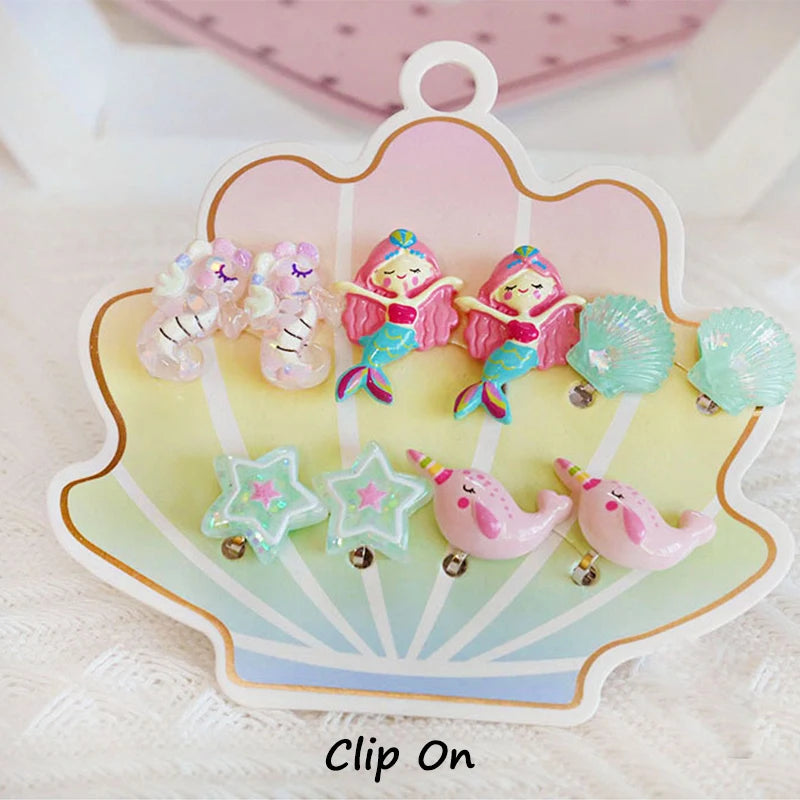 Mermaid Flamingo Resin Earrings Ear Clips for Girls Kids