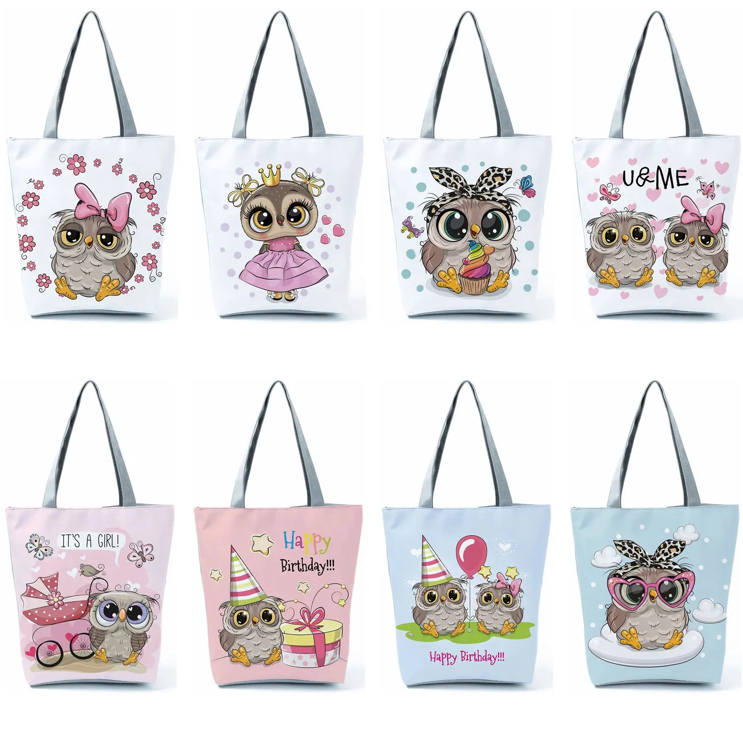 Owl Print Handbags High Capacity Shopper Bag Cartoon Travel Beach Foldable