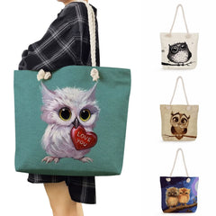 Owl Print Handbags Casual Cartoon Birds Lady Big Capacity Reusable Shopping Bags