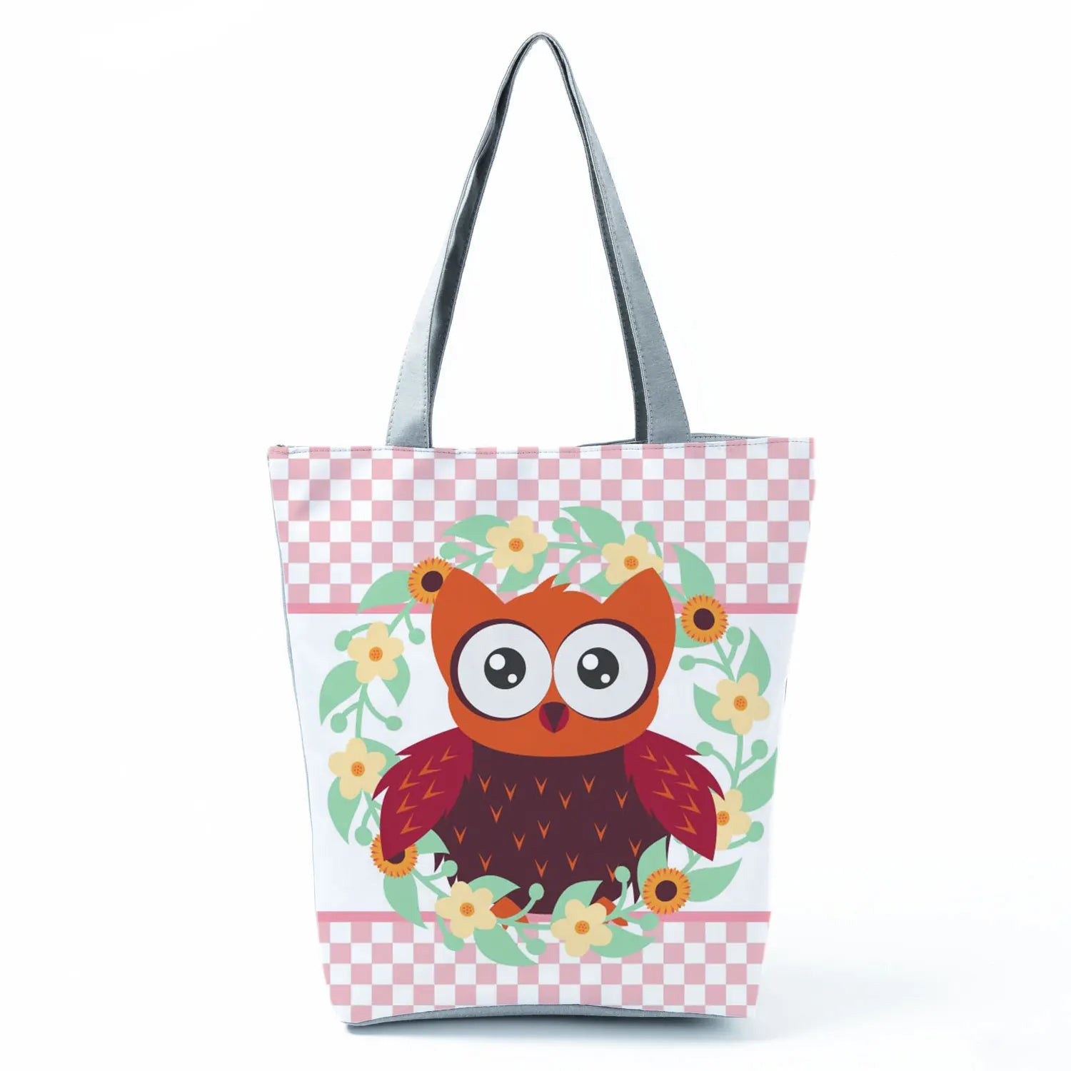 Owl Print Tote Bag Reusable Shopper Zipper Shoulder Women Handbag