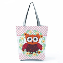 Owl Print Tote Bag Reusable Shopper Zipper Shoulder Women Handbag