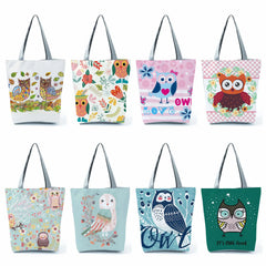 Owl Print Tote Bag Reusable Shopper Zipper Shoulder Women Handbag